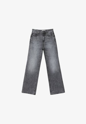 Wide-leg dark gray denim jeans with a faded finish, five pockets, a button closure, and subtle stitching details along the seams.