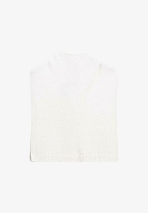 Avvolgente bianco lavorato a maglia con una texture morbida, caratterizzato da un design drappeggiato e un collo rotondo. Bordo liscio e cuciture minime visibili.