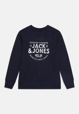 Sudadera de algodón azul marino con cuello redondo, mangas largas y un logo impreso en blanco en el centro con texto y un diseño circular.