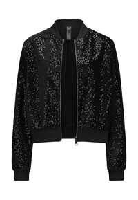 Schwarze Pailletten-Bomberjacke mit durchgehendem Reißverschluss, gerippten Bündchen und Saum. Verfügt über ein glattes Innenfutter und eine glänzende Textur durch Pailletten.