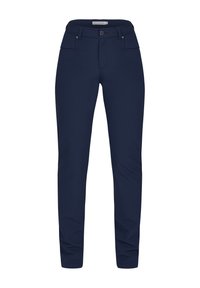 Navy blue pants with a straight-leg design, featuring a zip and button closure, two front pockets, and a smooth, durable fabric.