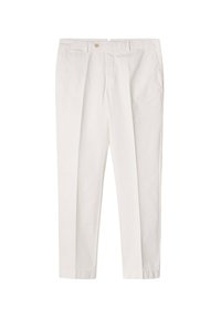 Pantaloni bianchi in cotone, con design a gamba dritta, due tasche frontali e chiusura con un bottone in vita.