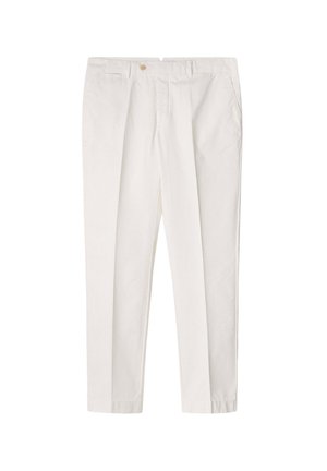 White trousers made of cotton, featuring a straight-leg design, two front pockets, and a single button closure at the waist.