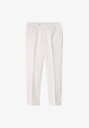 Weiße Baumwollhose mit geradem Bein, zwei Fronttaschen und einem Knopfverschluss an der Taille.