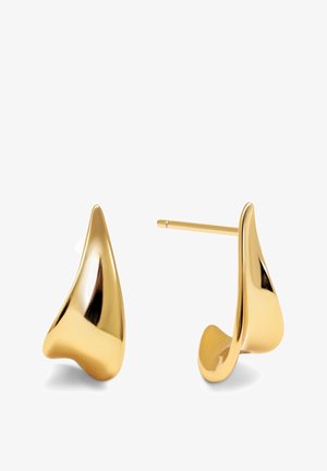 Gold-tone stud earrings with an abstract, wavy design. Features smooth surfaces and rounded edges, showcasing a polished finish.
