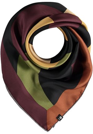 Silkkihuivi geometrisillä värilohkoilla mustaa, burgundia, oliivinvihreää, sinappia ja ruosteenoranssia, taiteltu spiraalimaiseksi.