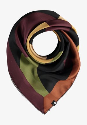 Foulard en soie avec des blocs de couleurs géométriques en noir, bordeaux, vert olive, moutarde et orange rouille, plié en forme de spirale.