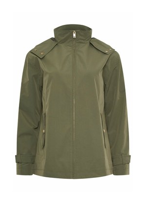 Olivengrøn, letvægtsjakke med høj krave, lynlås hele vejen foran, skulderklapper, lynlåslommer i siderne og justerbare håndledsremme.