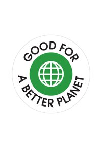 Cirkulär klistermärke med en grön globikon omgiven av texten "BRA FÖR EN BÄTTRE PLANET" i fet svart text på en vit bakgrund.