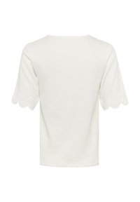Weißes, geripptes T-Shirt mit kurzen Ärmeln, das an den Bündchen mit gezacktem Spitzenbesatz verziert ist. Schlicht, einfarbig mit lockerer Passform und rundem Halsausschnitt.