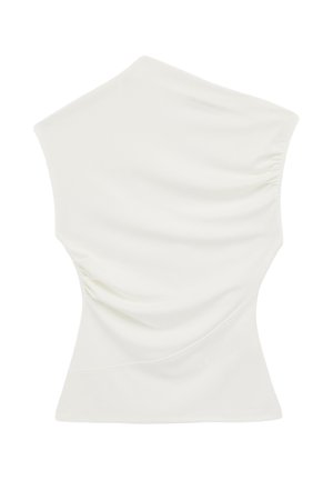 Hvid ærmeløs asymmetrisk top med rynkede detaljer på den ene side og en tætsiddende talje.