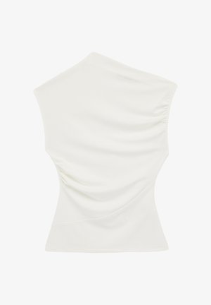 Haut blanc asymétrique sans manches avec des détails froncés sur un côté et une taille cintrée.
