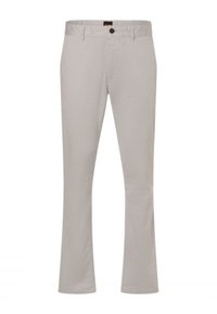 Pantalon beige clair à coupe droite, en mélange de coton. Doté d'un bouton frontal unique, de passants de ceinture et de poches latérales. Texture lisse.