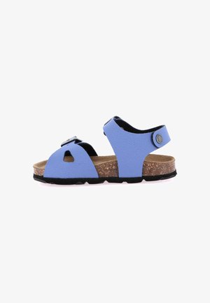 Sandalo blu open toe con cinturini regolabili, soletta in sughero e suola in gomma nera, mostrato di profilo su sfondo bianco.