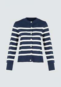 Cardigan a righe blu navy e bianco. Presenta un colletto rotondo, bottoni frontali e polsini a coste. Realizzato in un materiale a maglia texturizzato.