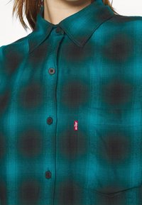 Camicia a quadri in teal e nero, con una texture di tessuto morbido, colletto standard e un logo rosso Levi's sulla tasca del petto.