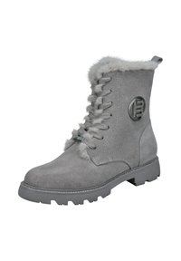 Graue Wildleder-Stiefeletten mit Kunstfellbesatz, Schnürung vorne, gummierter Profilsohle und metallem Logodetail an der Seite.