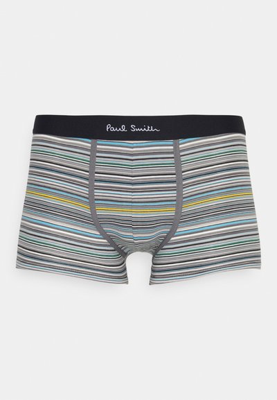 Boxers pour hommes en gris avec des rayures multicolores. Dotés d'une taille noire sur laquelle est inscrit "Paul Smith" en cursive. Fabriqués en tissu doux et extensible.