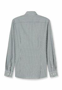 Langärmliges Hemd mit vertikalen blau-weißen Streifen, Button-Down-Kragen und geknöpften Manschetten. Glatter Stoff mit tailliertem Schnitt.