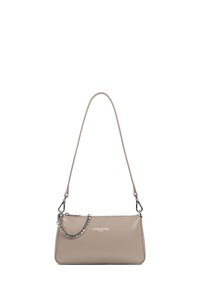 Borsa a tracolla in pelle beige con forma rettangolare, dotata di una tracolla a catena removibile e di una chiusura con zip, finitura testurizzata e logo impresso.
