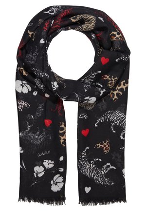 Écharpe noire avec imprimés de tigre blanc et léopard, cœurs rouges, fleurs blanches, et textes comprenant "Love" et "Codello" à divers endroits.