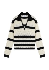 Pull en tricot avec un col en V, présentant des rayures horizontales noires et blanches. Tissu texturé avec un col et des poignets côtelés.