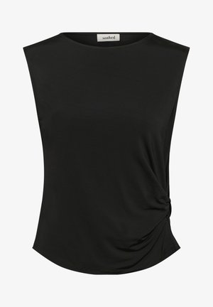 Haut sans manches noir avec un col rond, fabriqué en tissu lisse. Il présente un détail froncé sur le côté, créant un effet de drapé subtil.