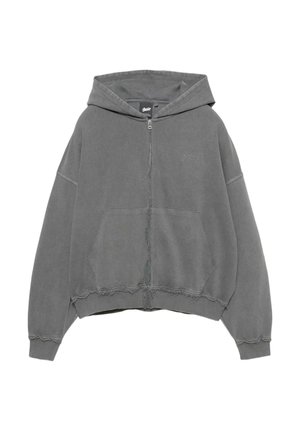 Grauer Reißverschluss-Hoodie aus Baumwolle. Verfügt über eine Kapuze, Fronttaschen und einen ausgefransten Saum. Das Design beinhaltet ein gesticktes Logo auf der Brust.