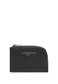 Czarny skórzany portfel z zamkiem błyskawicznym, z teksturowanym wzorem i srebrnym logo na przodzie. Kompaktowy, prostokątny kształt.