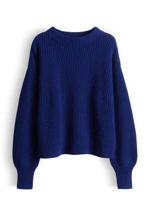 Marineblauer, gestrickter Pullover mit strukturierter Rippstrickoptik, Rundhalsausschnitt und Saum, der auf den Schultern herabfällt. Verziert mit diagonalen Mustern entlang des Körpers und der Ärmel.