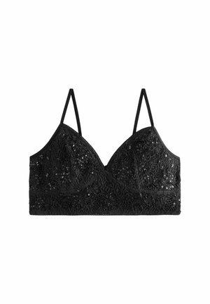 Melnā mežģīņu bralette ar ziedu rakstiem, dekorēts ar fāzēm. Iekļautas regulējamas plānas siksnas un trīsstūra veida kausi.