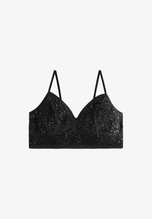 Bralet din dantelă neagră cu motive florale, decorat cu paiete. Dispune de bretele subțiri ajustabile și o formă a cupei triunghiulară.