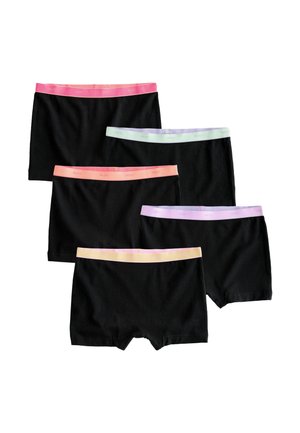 Öt pár fekete boxeralsó rugalmas derékpánttal, pink, lila, őszibarack, levendula és sárga színekben, lapos elrendezésben.