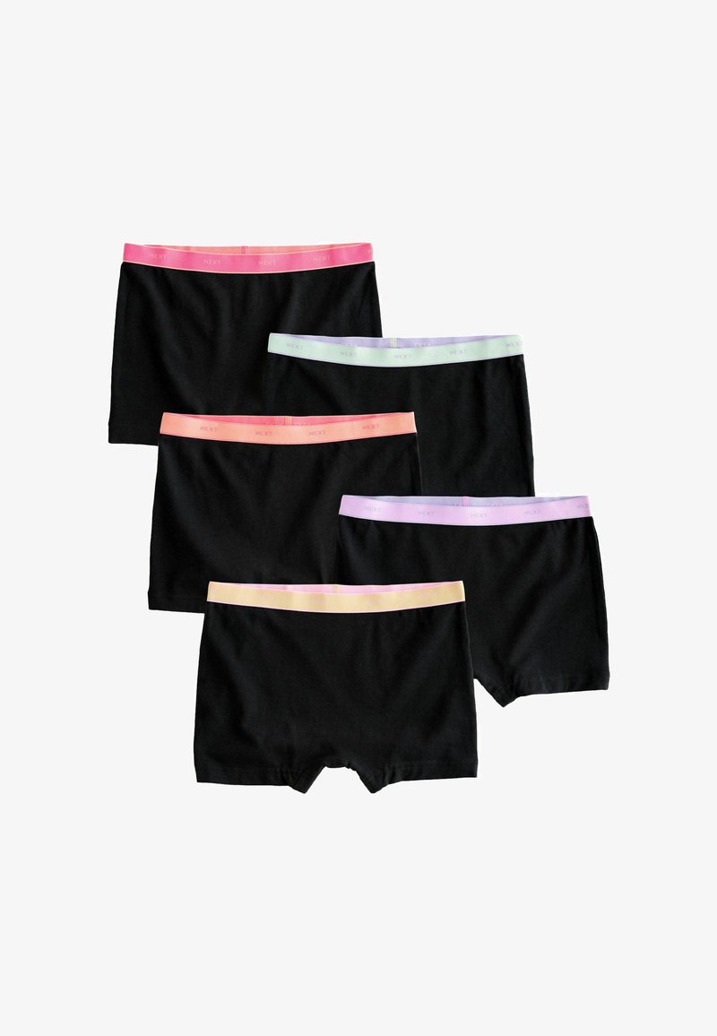 Cinq paires de boxers noirs à taille élastique dans les couleurs rose, violet, pêche, lavande et jaune, disposées en plan à plat.