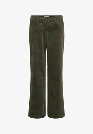 Tumši zaļi korduroja bikses; platas kājas dizains, vidēja augstuma jostasvieta, sānu kabatas un smalka struktūra ar vertikālām ribām.