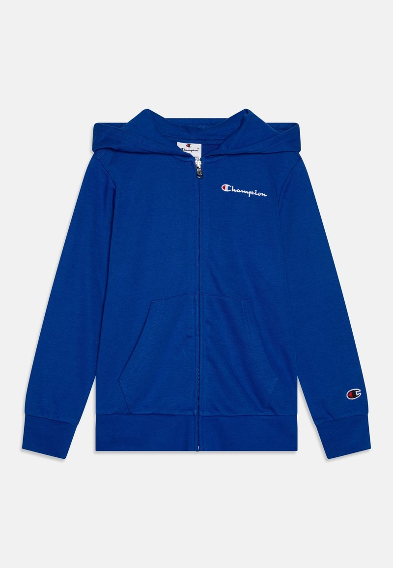 Sweat à capuche bleu à fermeture éclair intégrale avec poches avant, logo Champion sur la poitrine gauche et le poignet gauche, et une capuche attachée.