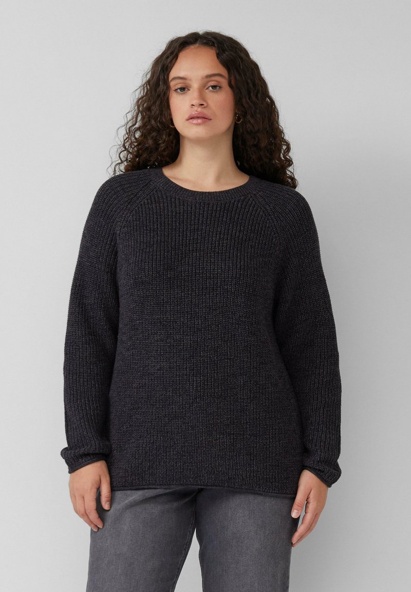 Grob gestrickter dunkelgrauer Pullover mit Rundhalskragen und Raglanärmeln. Verfügt über einen strukturierten Stoff und eine lockere Passform.