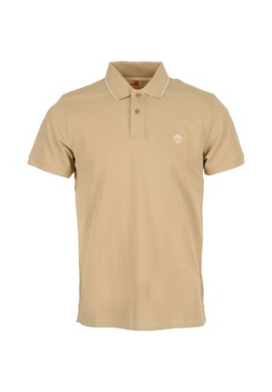 Polo beige a maniche corte con due bottoni e un piccolo logo bianco di un albero sul petto sinistro.