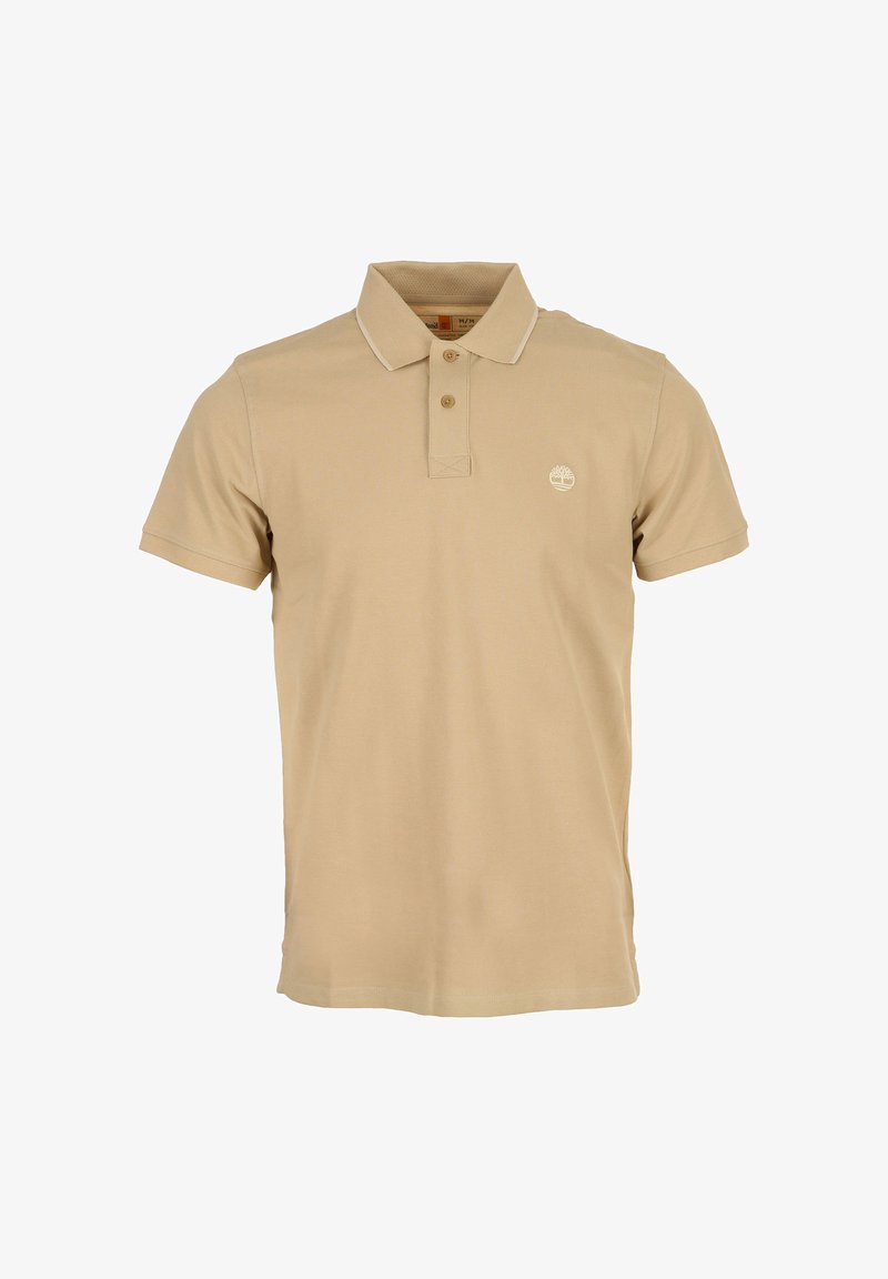 Polo beige à manches courtes avec deux boutons et un petit logo arbre blanc sur la poitrine gauche.
