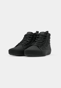 Black high-top sneakers with a smooth synthetic upper, round toe, reinforced stitching, and textured rubber outsole. Features flat laces and pull tabs.