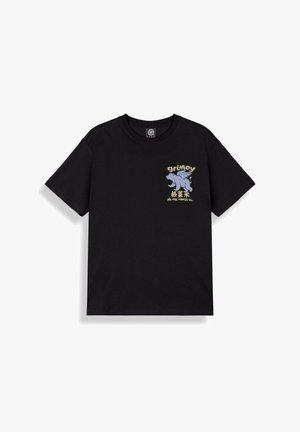 Schwarzes T-Shirt mit kurzen Ärmeln, mit einer kleinen blauen geflügelten Kreatur und dem Schriftzug "grimey" auf der linken Brust.