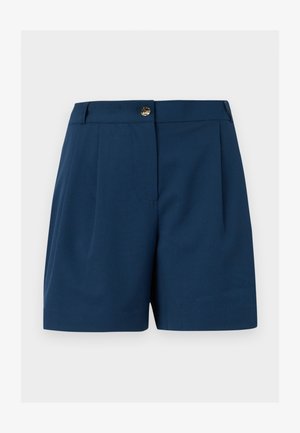 Marineblauwe op maat gemaakte korte broek met voorplooien, riemlussen en een gouden knoopsluiting in de taille.