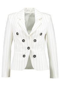 Bílý blazer s jemným proužkem, přizpůsobený střih, dvouřadý design a velké černé knoflíky; má dvě přední kapsy a hladkou podšívku.