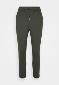Tmavě zelené joggingové kalhoty vyrobené z měkké tkaniny, s elastickým pasem na šňůrku, dvěma bočními kapsami a zúženým střihem nohou.