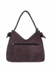 Sac hobo en cuir violet avec finition texturée, ouverture en forme de V, accents de nœud sur la poignée et une poche avant zippée.