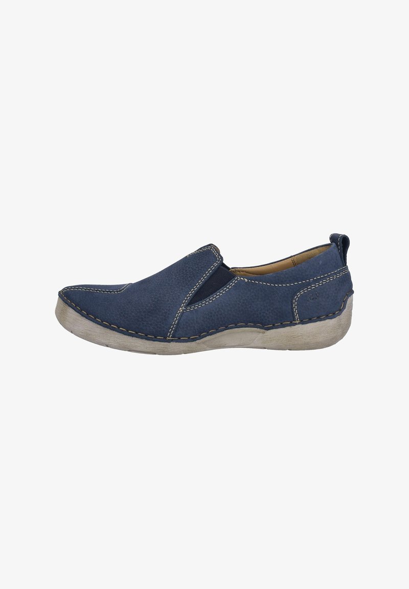 Blaue Leder-Slipper mit strukturierter Oberfläche, elastischen Seitenteilen und einer hellen Gummisohle. Kontrastnähte entlang der Kanten.