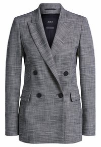 Blazer doppiopetto in grigio e motivo a doppiopetto nero. Caratterizzato da rever a punta, due tasche frontali e sei bottoni. Tessuto testurizzato.