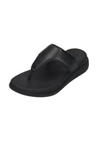 Sorte flip-flop sandaler med en glat læderrem, en polstret sål og en tekstureret gummisål for greb og komfort.