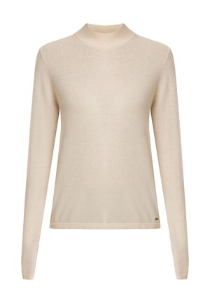 Beige lange mouw coltrui, zachte textuur, getailleerd ontwerp, ribgebreide manchet en zoom, met een klein logo detail aan de linksonderkant.