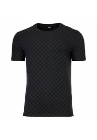 Zwarte kortekleding T-shirt met ronde hals, voorzien van een subtiele algehele geometrische patroon en een merketiket aan de binnenkant van de kraag.